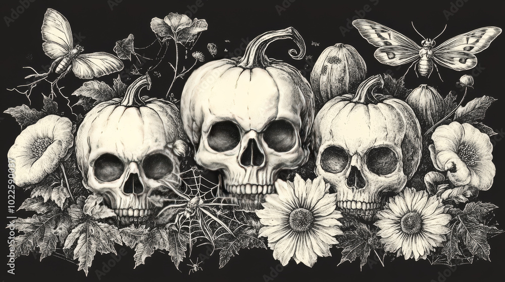 A spooky Halloween design with engraved skulls, pumpkins, flowers, and creepy crawlies like moths, spiders, and cobwebs. A spooky Halloween design with engraved skulls, pumpkins, flowers, and creepy crawlies like moths, spiders, and cobwebs.