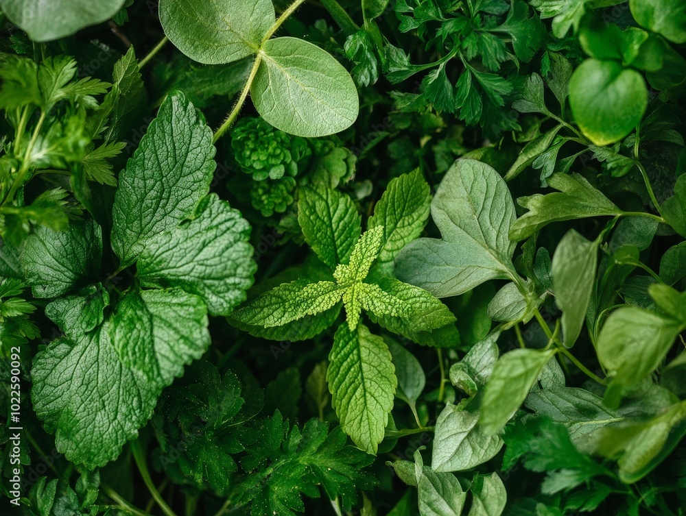 A close-up of freshly foraged wild plants, showing their delicate leaves and natural textures A close-up of freshly foraged wild plants, showing their delicate leaves and natural textures