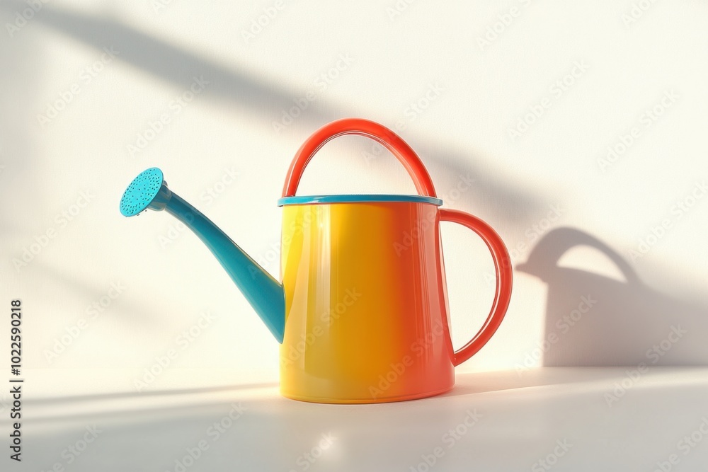 Brightly colored watering can resting on a table with strong sunlight highlighting its design Brightly colored watering can resting on a table with strong sunlight highlighting its design