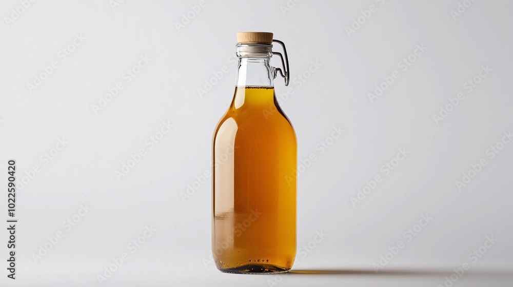 A sleek bottle of fermented tea gleams against a crisp backdrop, highlighting its lustrous label and effervescent bubbles for a refreshing allure. A sleek bottle of fermented tea gleams against a crisp backdrop, highlighting its lustrous label and effervescent bubbles for a refreshing allure.