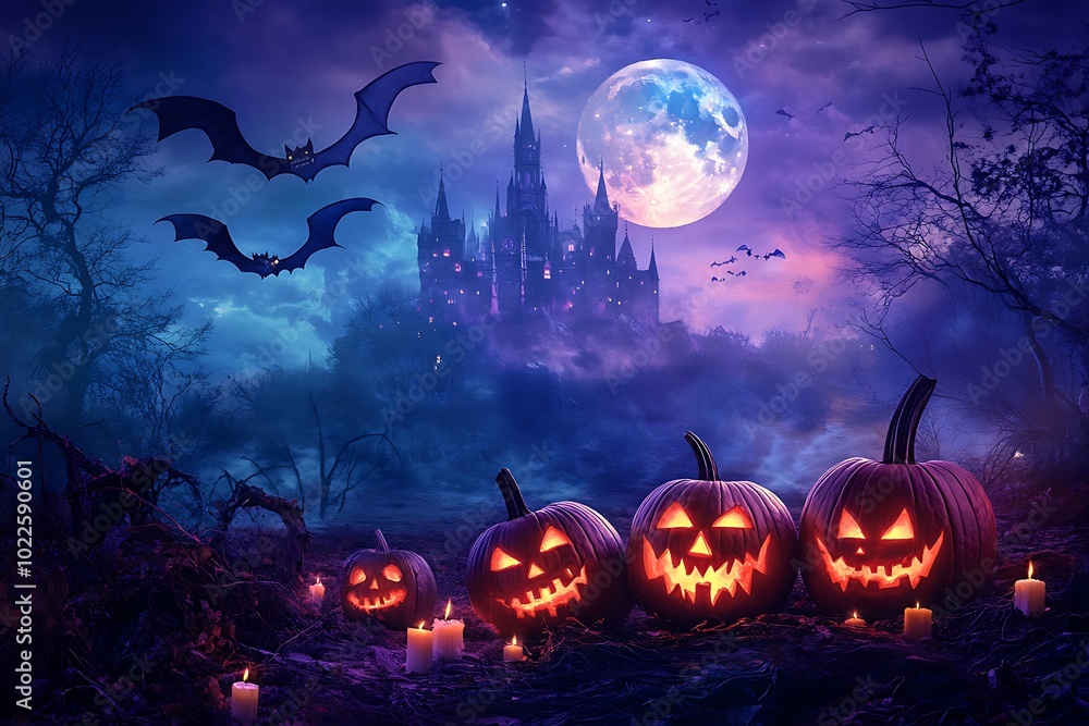 Scary themed illustration of a dark night haunted house or castle with Halloween jack-o'-lantern pumpkin design and dried out trees with full moon and bats Scary themed illustration of a dark night haunted house or castle with Halloween jack-o'-lantern pumpkin design and dried out trees with full moon and bats