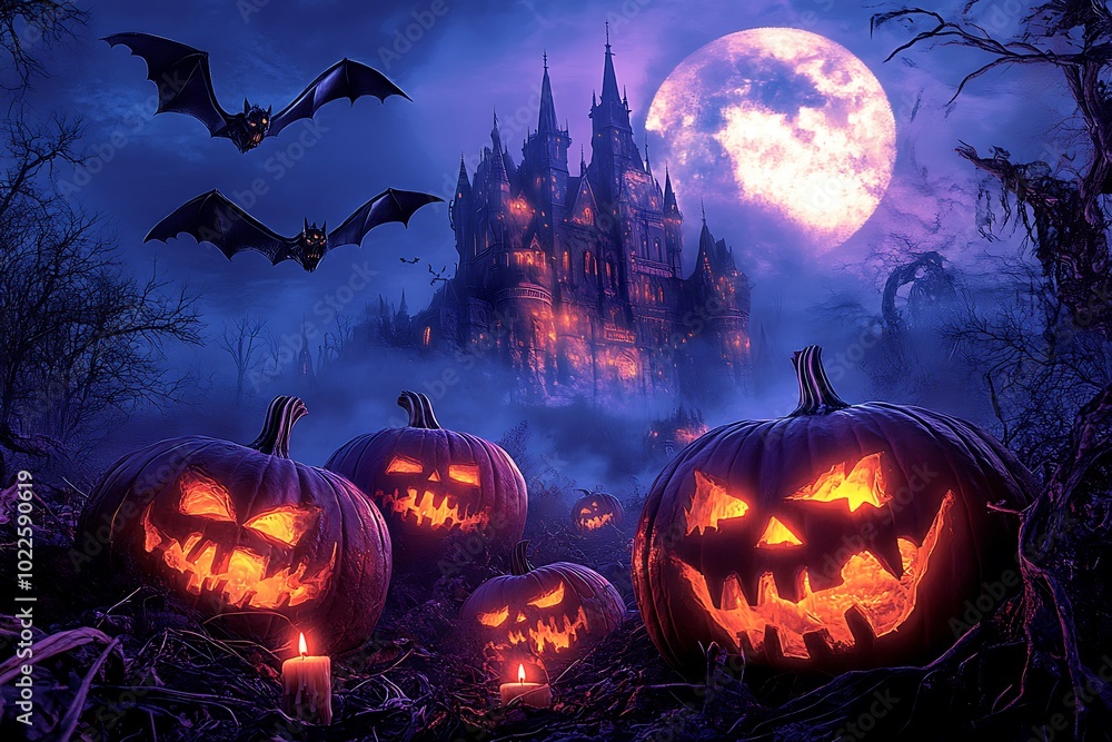 Scary themed illustration of a dark night haunted house or castle with Halloween jack-o'-lantern pumpkin design and dried out trees with full moon and bats Scary themed illustration of a dark night haunted house or castle with Halloween jack-o'-lantern pumpkin design and dried out trees with full moon and bats