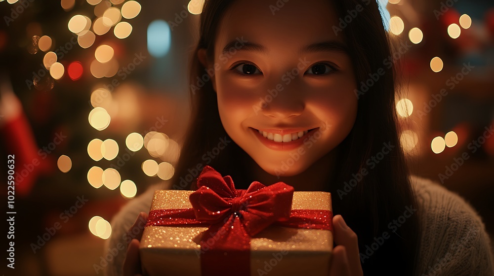 A close-up of a smiling family member receiving a beautifully wrapped gift box with a bow, soft focus on their happy expression, A close-up of a smiling family member receiving a beautifully wrapped gift box with a bow, soft focus on their happy expression,