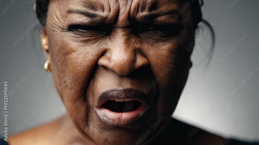Dramatic close-up video of a middle-aged woman expressing anger with static camera, dramatic side lighting, neutral grey background Dramatic close-up video of a middle-aged woman expressing anger with static camera, dramatic side lighting, neutral grey background