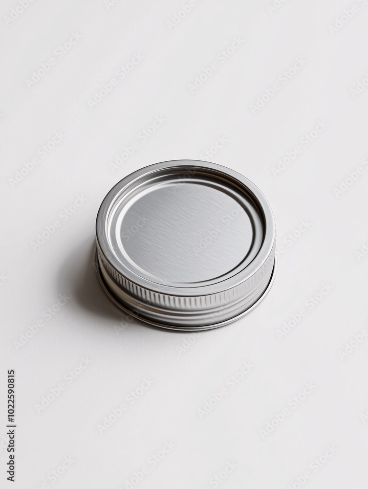 A sleek metallic jar lid rests on a pristine white surface, highlighting its minimalist design and texture, perfect for product visuals.