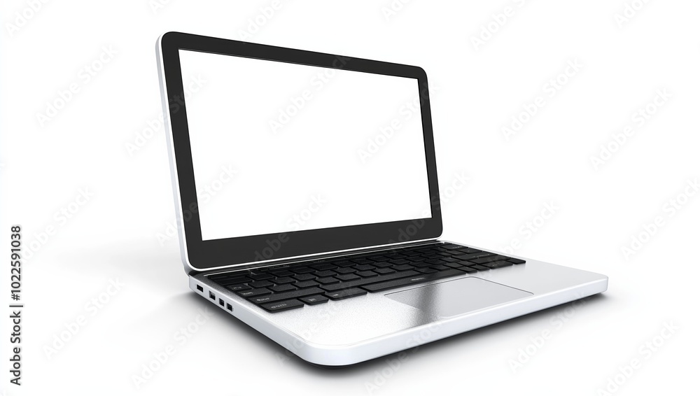 3D rendering of a glossy laptop with a blank screen positioned on a white background, slightly left of center, illuminated by white studio light. 3D rendering of a glossy laptop with a blank screen positioned on a white background, slightly left of center, illuminated by white studio light.