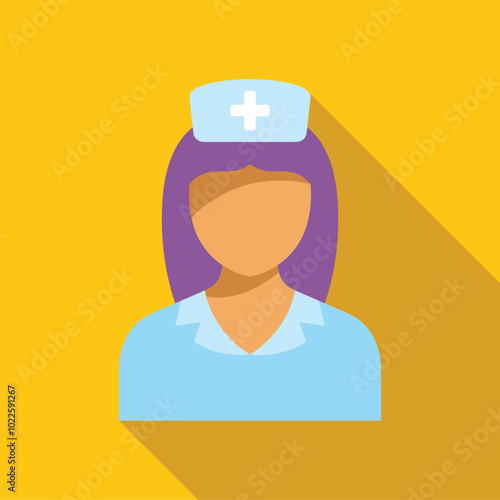Simple colorful vector illustration of a female nurse character wearing a uniform with a cross symbol hat