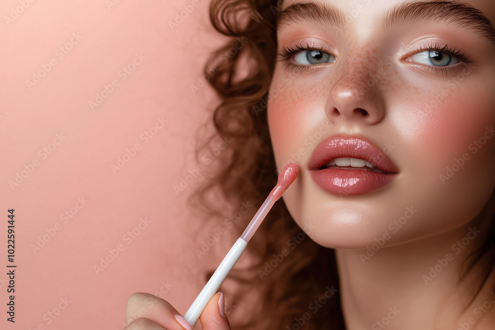 Young woman applying lip gloss with a soft smile in a pastel-colored setting during the day Young woman applying lip gloss with a soft smile in a pastel-colored setting during the day