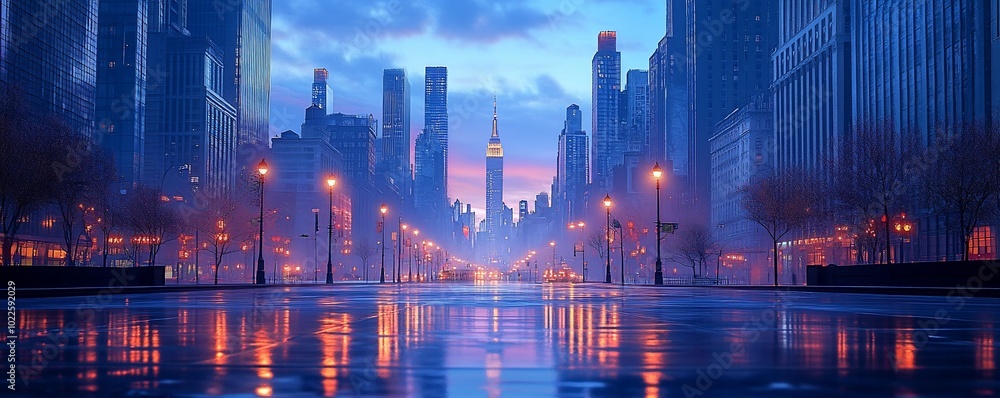 A misty morning in the city with tall buildings lining the street. The street is wet from recent rain, reflecting the city lights. A misty morning in the city with tall buildings lining the street. The street is wet from recent rain, reflecting the city lights.