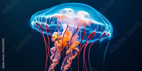 Red and blue colored jellyfish on black dark background, aquatic animal swimming