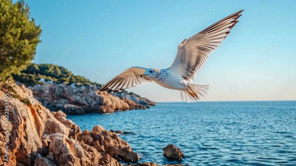 Fototapeta premium A bird glides gracefully above jagged cliffs, its wings outstretched in the bright azure expanse, embodying its sharp predatory prowess.