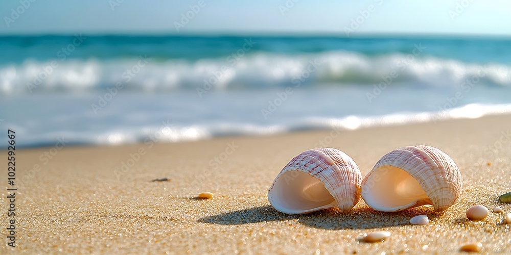 Tiny sea shells by the seaside on the beach, landscape with defocused ocean waves on background Tiny sea shells by the seaside on the beach, landscape with defocused ocean waves on background