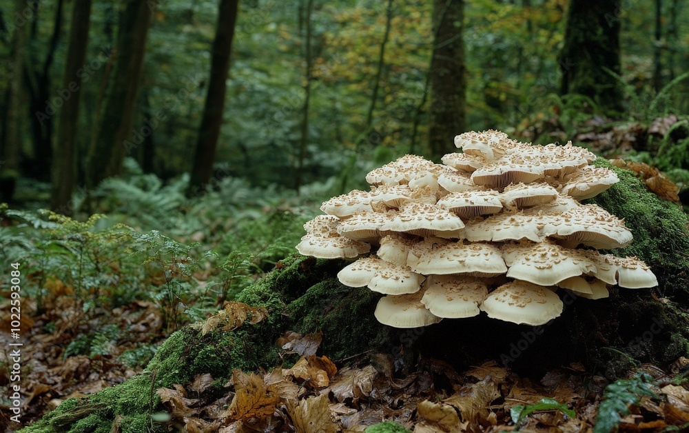 A collection of tree mushrooms, thriving in a damp, shaded part of the forest A collection of tree mushrooms, thriving in a damp, shaded part of the forest