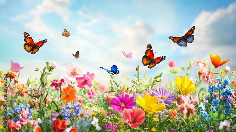 A colorful flower garden in full bloom, with butterflies fluttering among the flowers A colorful flower garden in full bloom, with butterflies fluttering among the flowers