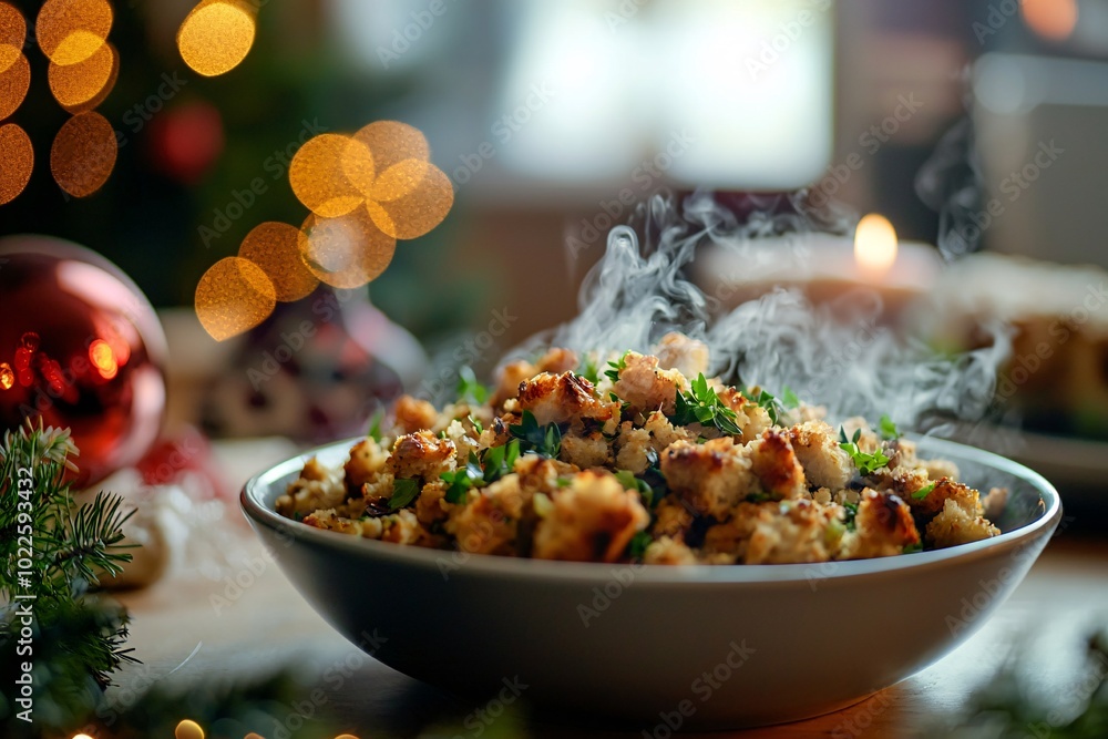 A fragrant bowl of steaming stuffing, adorned with fresh herbs, awaits to enhance the joyous holiday gathering. A fragrant bowl of steaming stuffing, adorned with fresh herbs, awaits to enhance the joyous holiday gathering.