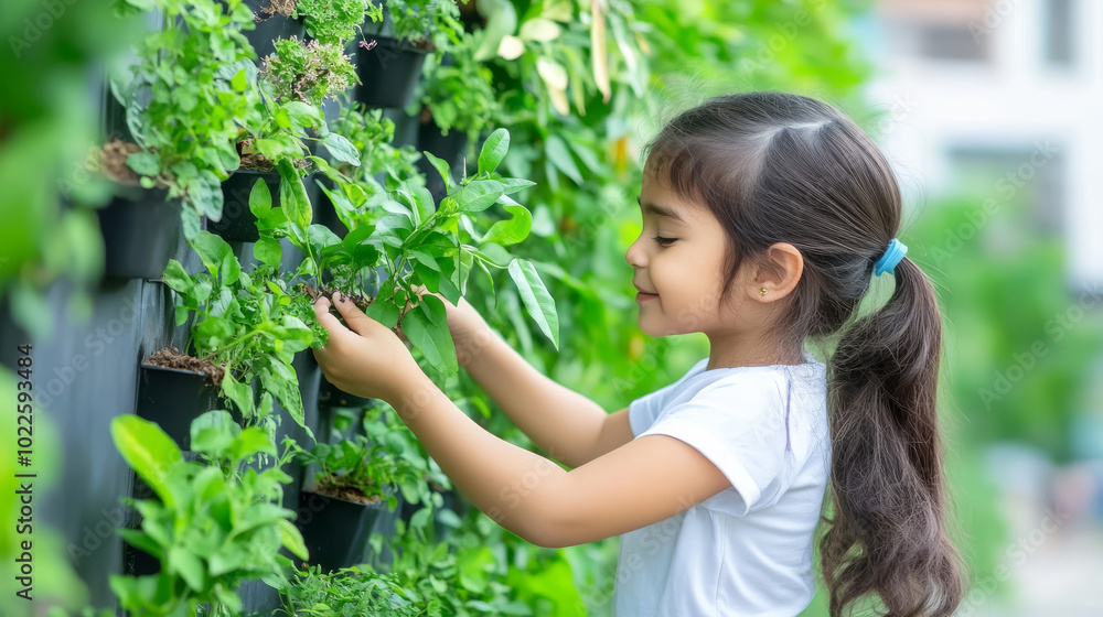 young girl is joyfully planting seedling in vertical garden, surrounded by lush greenery. Her expression reflects sense of wonder and connection to nature young girl is joyfully planting seedling in vertical garden, surrounded by lush greenery. Her expression reflects sense of wonder and connection to nature