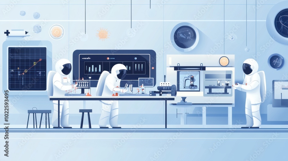 An illustration of a team of astronauts conducting experiments in a high-tech lab on a space station An illustration of a team of astronauts conducting experiments in a high-tech lab on a space station