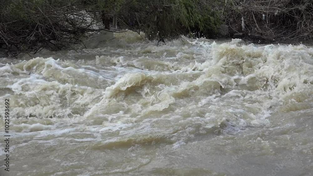 River in Mountains, Muddy Stream after Stormy Raining, Inundation, Natural Calamity, Disaster, Creek in Torrential Rain, Global Warming River in Mountains, Muddy Stream after Stormy Raining, Inundation, Natural Calamity, Disaster, Creek in Torrential Rain, Global Warming
