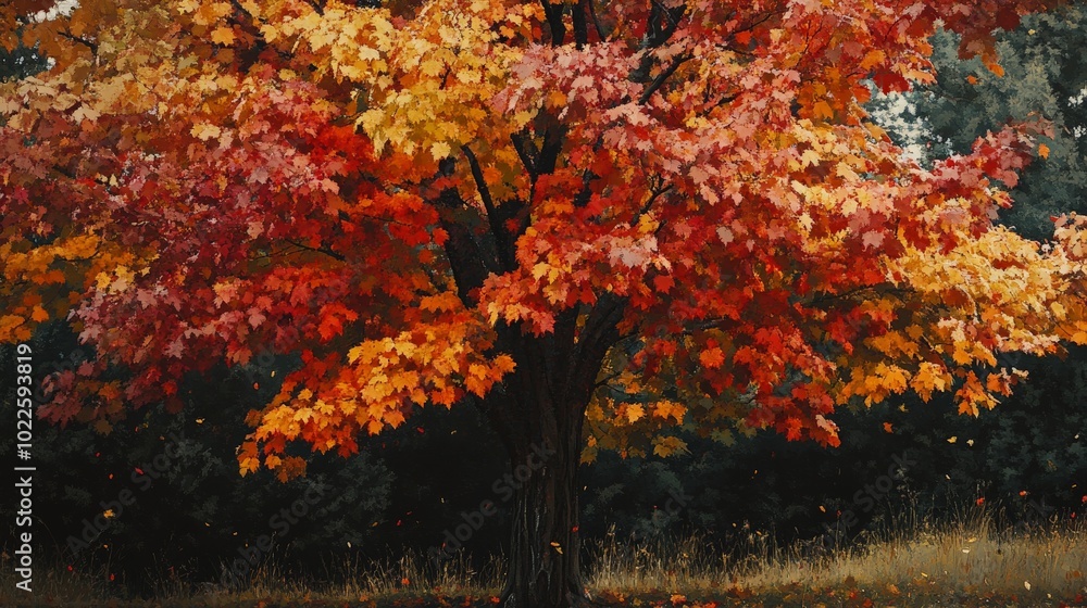 A deciduous tree in autumn, its leaves a brilliant array of red, orange, and yellow, ready to fall A deciduous tree in autumn, its leaves a brilliant array of red, orange, and yellow, ready to fall