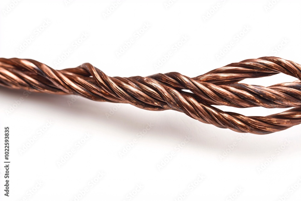 A gleaming twisted copper wire stands out against a pure white backdrop, highlighting its detailed textures and vibrant metallic tones for creative inspiration. A gleaming twisted copper wire stands out against a pure white backdrop, highlighting its detailed textures and vibrant metallic tones for creative inspiration.