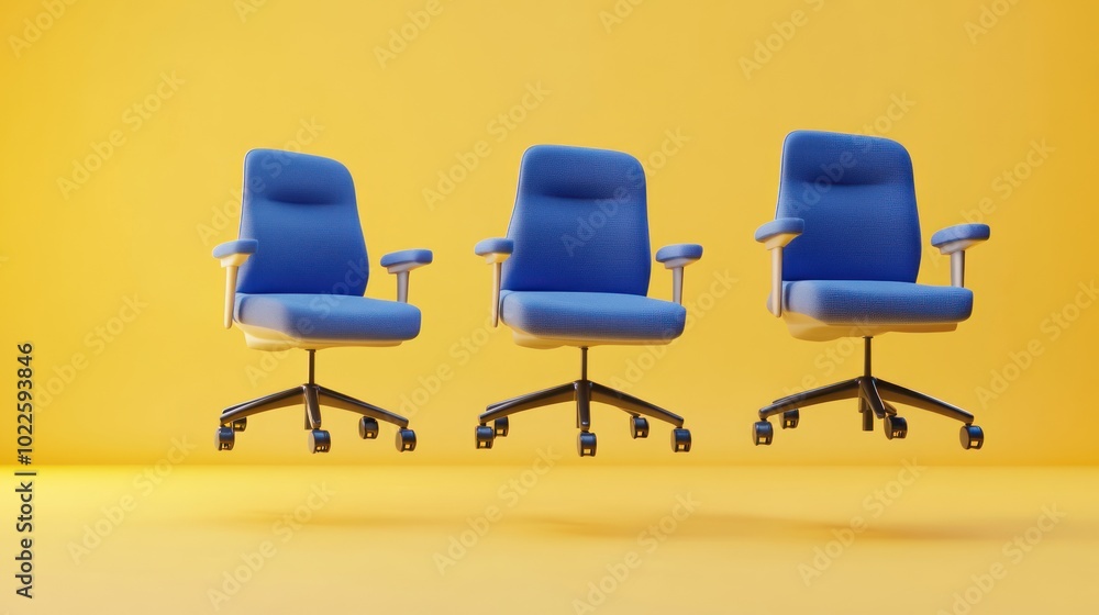 Three Blue Office Chairs in a Yellow Room Three Blue Office Chairs in a Yellow Room
