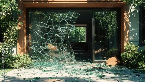 Empty home with shattered glass door, burglary aftermath in a suburban neighborhood, home invasion, crime scene photo