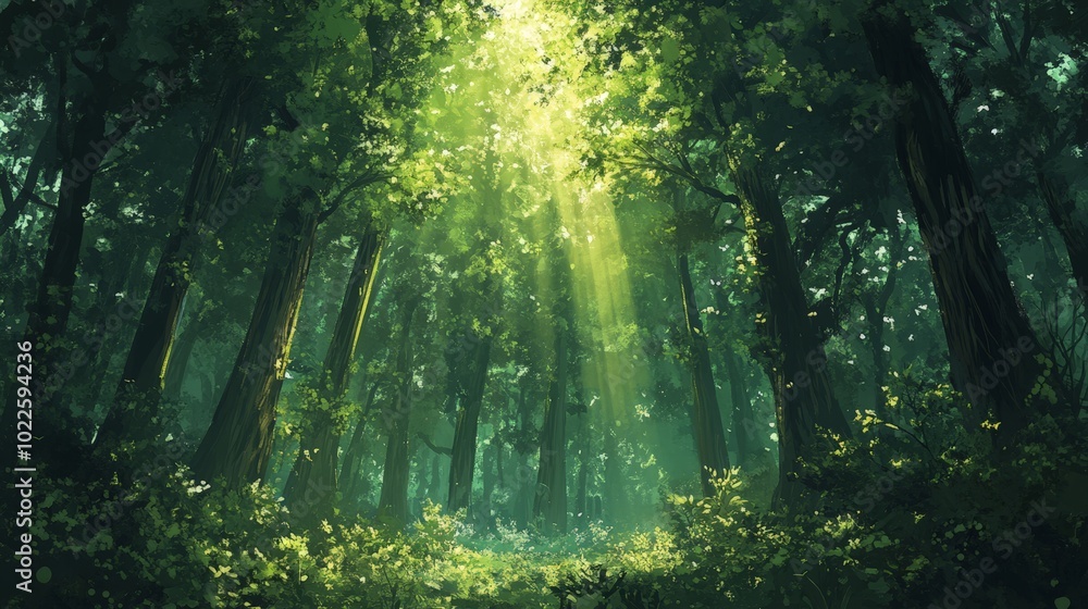 Fototapeta premium A dense forest filled with towering trees, sunlight filtering through the thick canopy