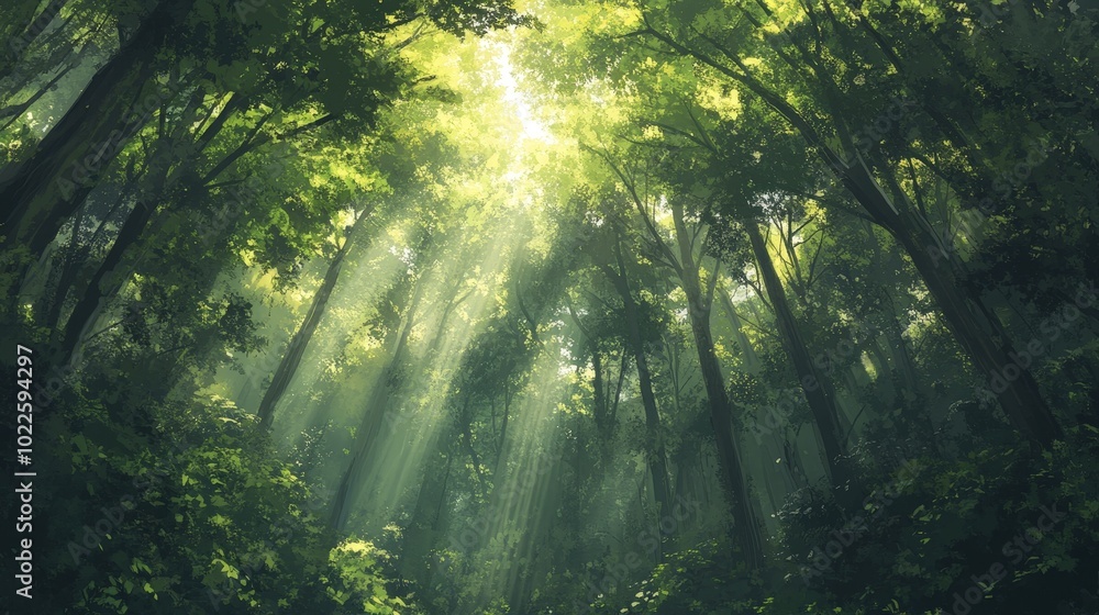 Obraz premium A dense forest filled with towering trees, sunlight filtering through the thick canopy