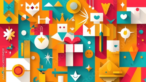 A flat design featuring symbols associated with Reyes Magos, such as crowns and gifts, set against a bright and colorful backdrop