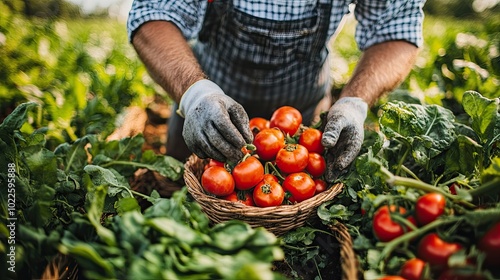 Farmer harvesting fresh tomatoes. Photo depicts organic farming and agriculture.