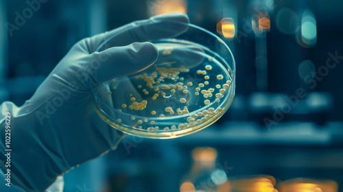 A person is holding a petri dish with a green substance in it