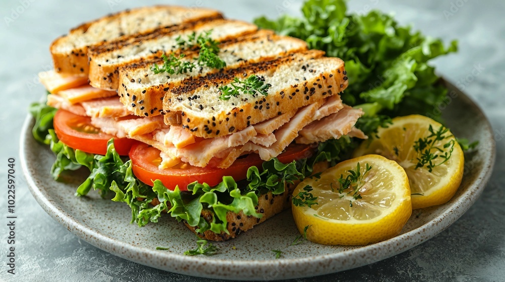 Grilled Turkey and Tomato Sandwich with Lemon Slices Grilled Turkey and Tomato Sandwich with Lemon Slices