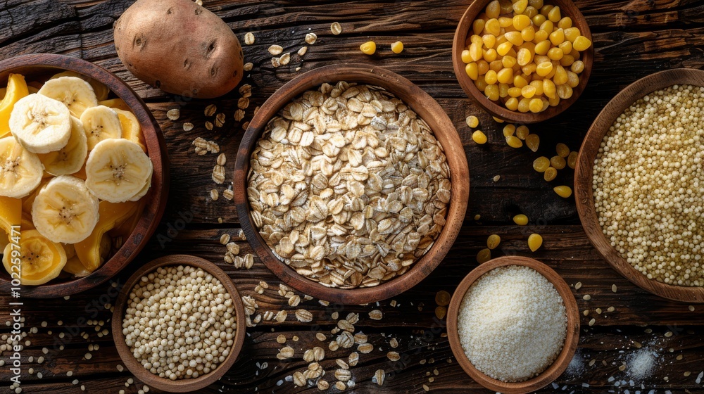 Closeup of whole grains and bananas laid on wooden surface with soft natural light emphasizing their textures Closeup of whole grains and bananas laid on wooden surface with soft natural light emphasizing their textures