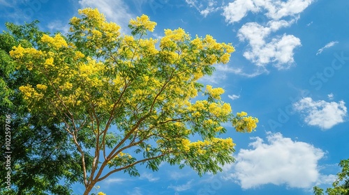 Golden shower tree or golden rain tree are blooming on a beautiful blue sky day