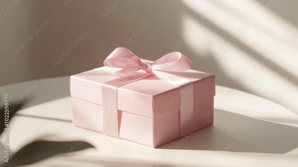 Elegant pink gift box with a simple satin ribbon, placed on a minimalist background with soft shadows for a chic, modern look Elegant pink gift box with a simple satin ribbon, placed on a minimalist background with soft shadows for a chic, modern look