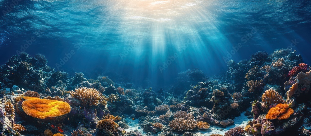 Fototapeta premium Sunbeams shine through clear blue water onto a colorful coral reef.