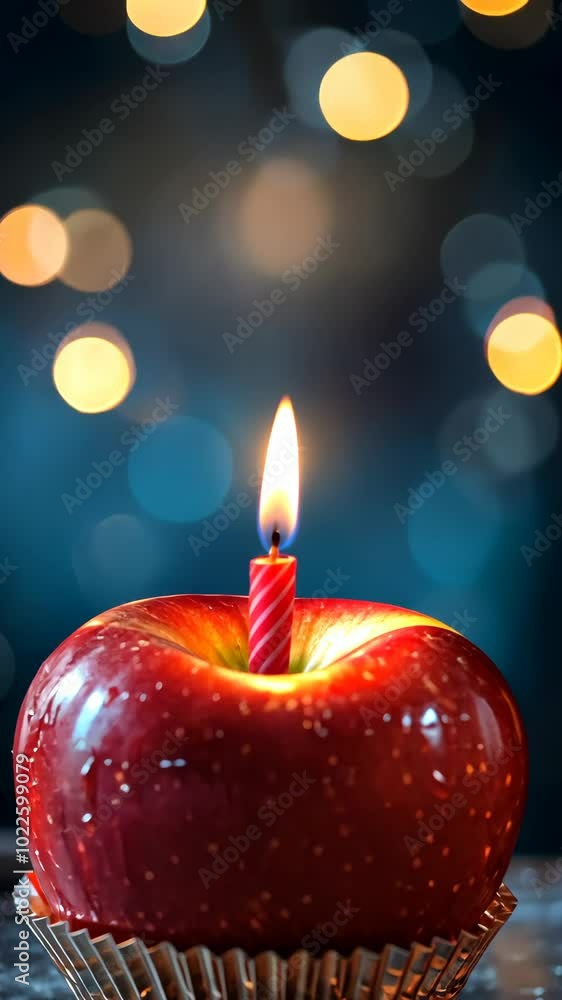 Apple with a lit candle, festive background. Celebration and party concept Apple with a lit candle, festive background. Celebration and party concept