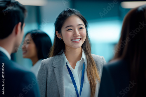 Diverse business professionals with a name badge smiling during a business networking event, engaging with peers in a professional, casual setting	
 photo