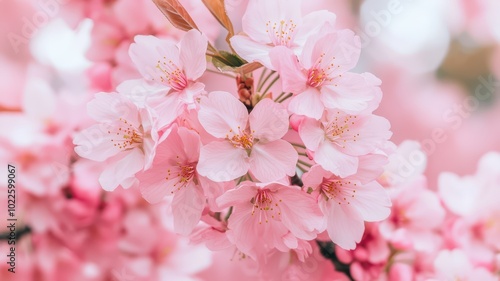 fluffy pink cherry blossoms in full bloom, creating a soft and romantic atmosphere as they fill the frame with delicate beauty and vibrant hues of spring.