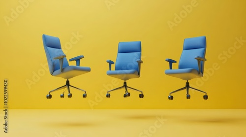 Three Blue Office Chairs Floating on Yellow Background