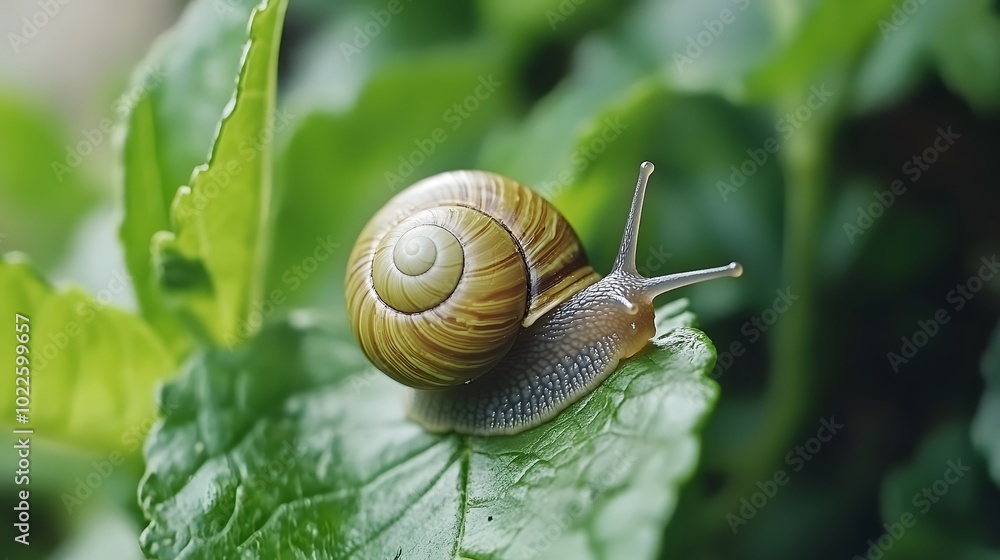 A snail crawling on the leaf of a green plant, Generative AI A snail crawling on the leaf of a green plant, Generative AI
