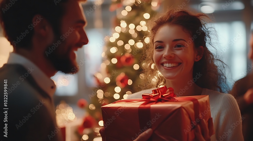 A group of office workers exchanging wrapped gifts near a Christmas tree, festive decorations visible around the workplace, warm lighting, smiles and joyful expressions, holiday cheer in the air, A group of office workers exchanging wrapped gifts near a Christmas tree, festive decorations visible around the workplace, warm lighting, smiles and joyful expressions, holiday cheer in the air,