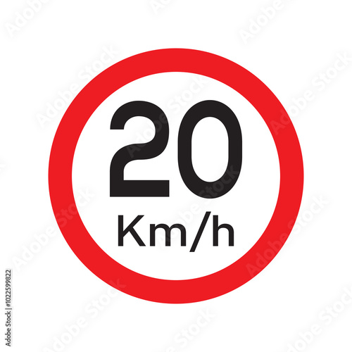 Speed limit 20 KM highway sign. Twenty kilometers per hour traffic road symbol. Restriction sign for car drivers not to exceed the speed over 20 kilometers per hour. Vector illustration.
