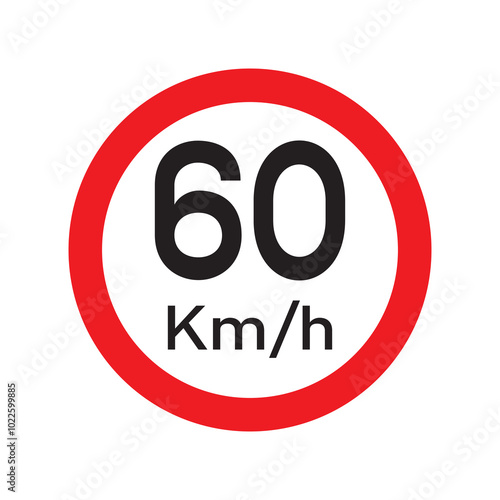 Speed limit 60 KM highway sign. Sixty kilometers per hour traffic road symbol. Restriction sign for car drivers not to exceed the speed over 60 kilometers per hour. Vector illustration.