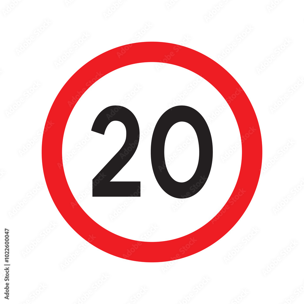 Speed limit 20 traffic sign. Restriction symbol for car drivers. Road speed limit maximum 20 kmh or mph isolated on white background. Vector illustration. Speed limit 20 traffic sign. Restriction symbol for car drivers. Road speed limit maximum 20 kmh or mph isolated on white background. Vector illustration.