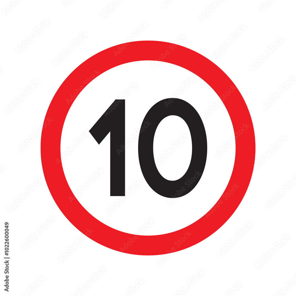 Speed limit 10 traffic sign. Restriction symbol for car drivers. Road speed limit maximum 10 kmh or mph isolated on white background. Vector illustration. Speed limit 10 traffic sign. Restriction symbol for car drivers. Road speed limit maximum 10 kmh or mph isolated on white background. Vector illustration.