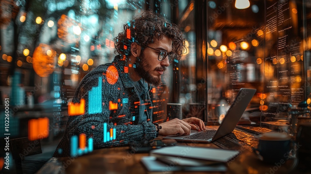 A focused individual working on a laptop in a cozy café, surrounded by digital data visuals. A focused individual working on a laptop in a cozy café, surrounded by digital data visuals.