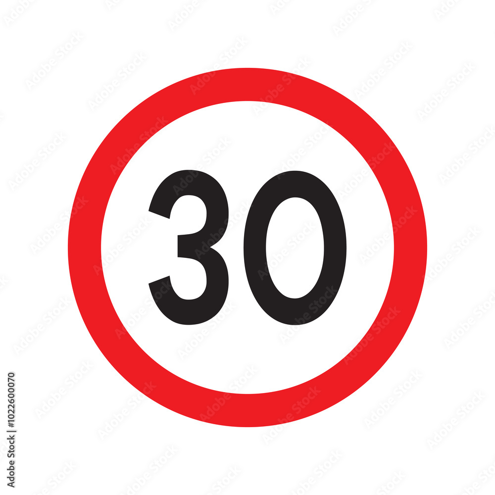 Speed limit 30 traffic sign. Restriction symbol for car drivers. Road speed limit maximum 30 kmh or mph isolated on white background. Vector illustration. Speed limit 30 traffic sign. Restriction symbol for car drivers. Road speed limit maximum 30 kmh or mph isolated on white background. Vector illustration.