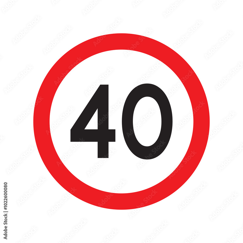 Speed limit 40 traffic sign. Restriction symbol for car drivers. Road speed limit maximum 40 kmh or mph isolated on white background. Vector illustration. Speed limit 40 traffic sign. Restriction symbol for car drivers. Road speed limit maximum 40 kmh or mph isolated on white background. Vector illustration.
