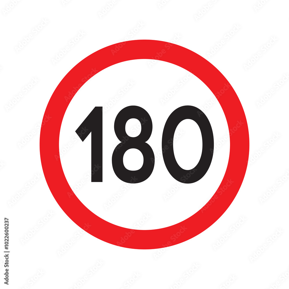 Speed limit 180 traffic sign. Restriction symbol for car drivers. Road speed limit maximum 180 kmh or mph isolated on white background. Vector illustration. Speed limit 180 traffic sign. Restriction symbol for car drivers. Road speed limit maximum 180 kmh or mph isolated on white background. Vector illustration.